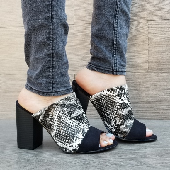 Shoes - Snake Print Open Toe Slip on Chunky High Heel-P